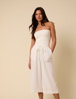 White Linen-Rich Cropped Trousers
