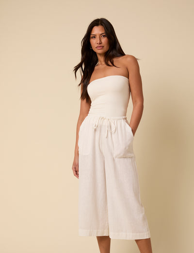 White Cropped Wide Leg Linen-Blend Shona Trousers