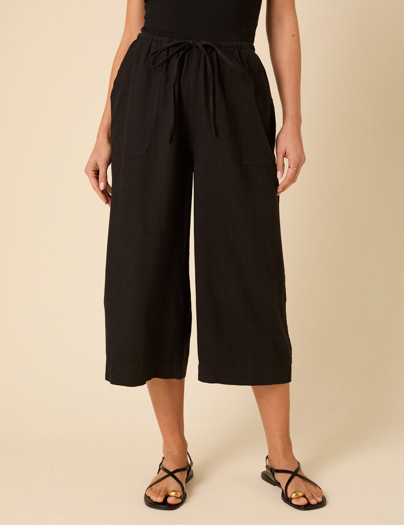 Black Linen-Blend Cropped Shona Trousers