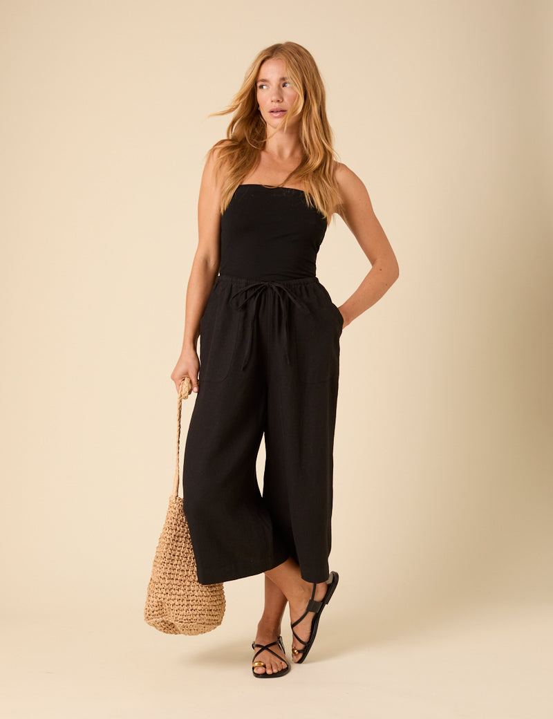 Black Linen-Blend Cropped Shona Trousers