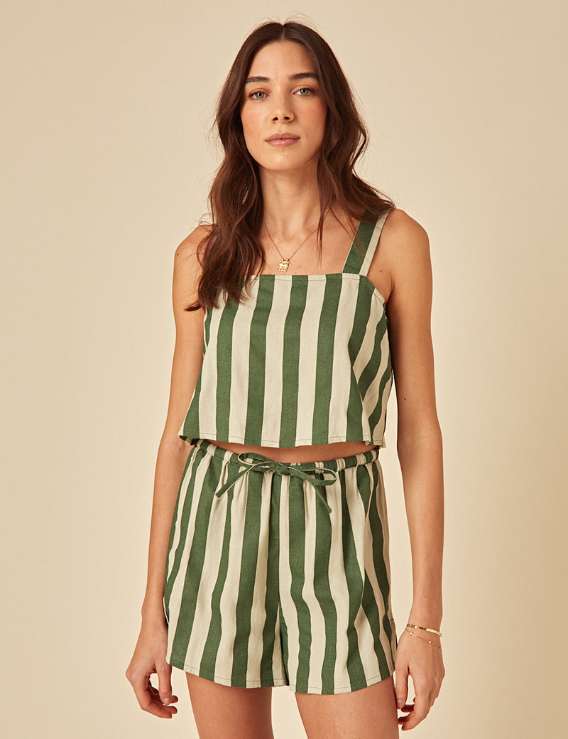 Green Striped Linen-Blend Shorts