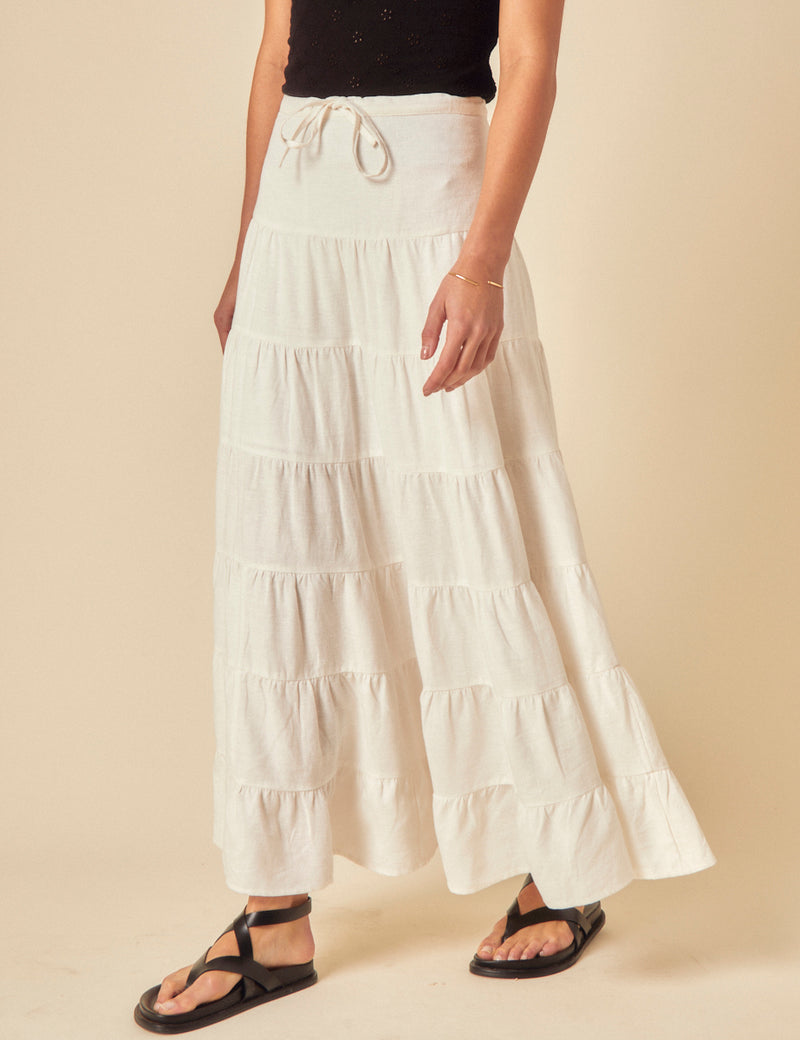 White Linen-Blend Tie Waist Tiered Skirt