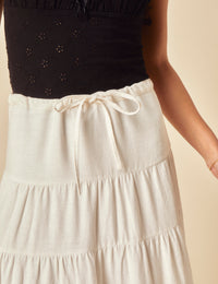 White Linen-blend Tie Waist Tiered Skirt