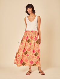 Yellow Patchwork Print Midi Skirt