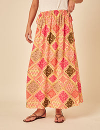 Yellow Patchwork Print Midi Skirt