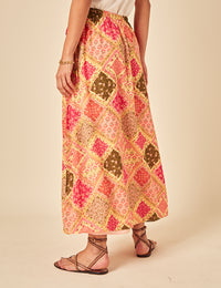 Yellow Patchwork Print Midi Skirt