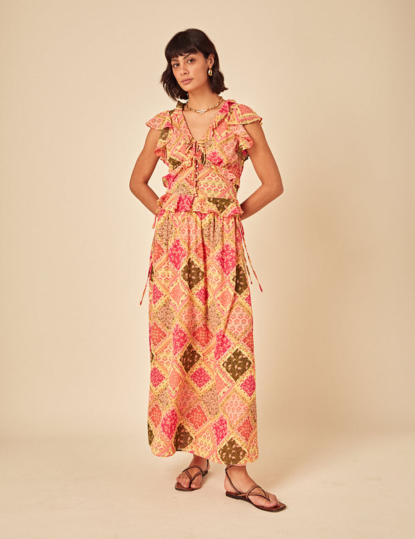 Yellow Patchwork Print Frill Top