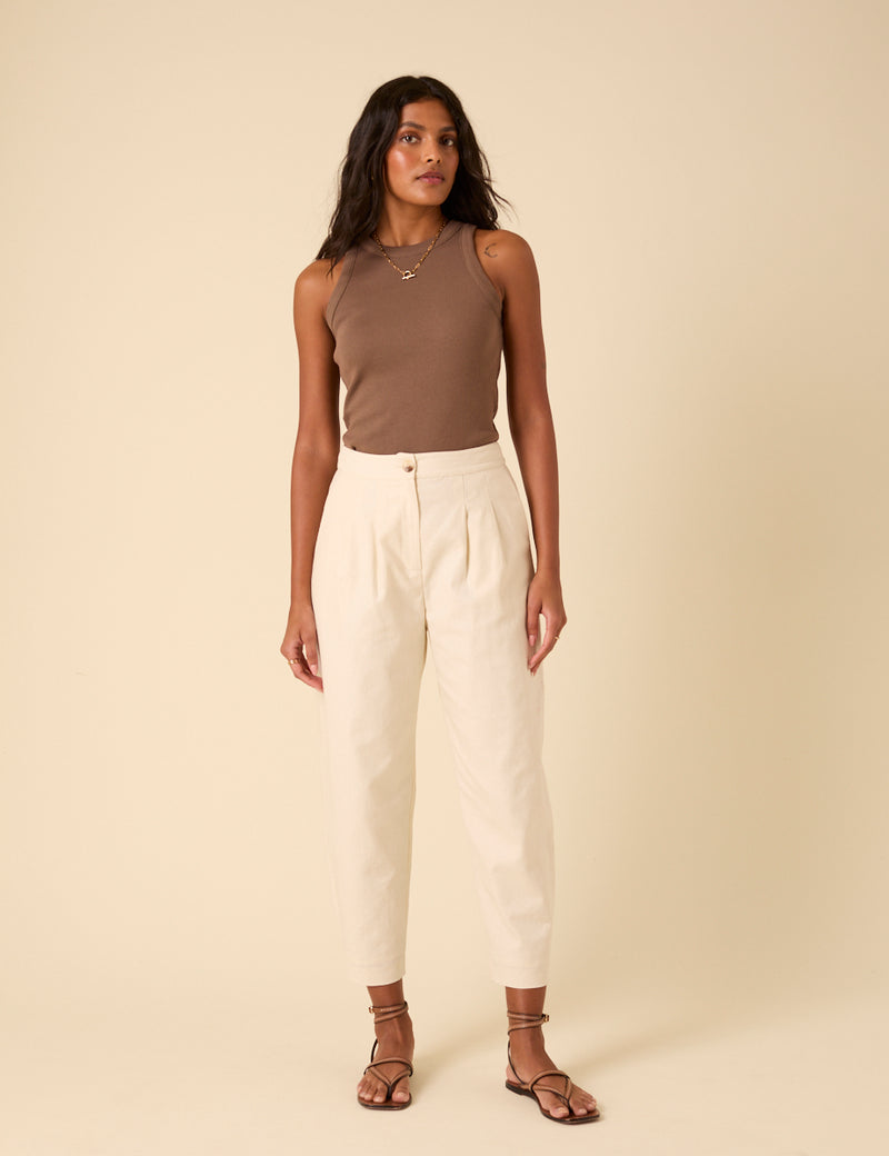 Cream Linen-Blend Barrel Leg Trousers