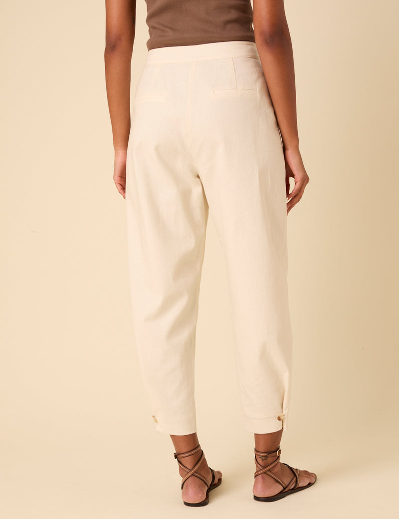 Cream Linen-Blend Barrel Leg Trousers
