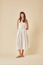 White Linen-Blend Pleated Tailored Midi Skirt