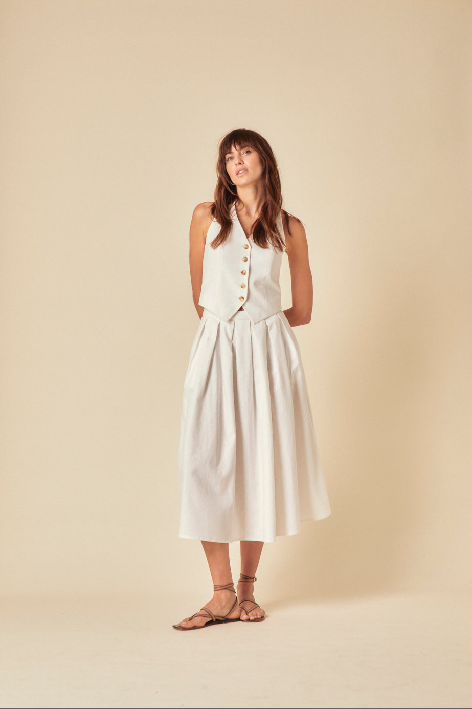 White Linen-Blend Pleated Tailored Midi Skirt