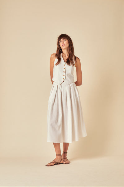 White Linen-Blend Pleated Tailored Midi Skirt