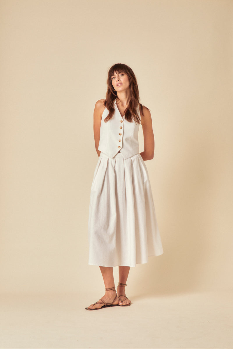 White Linen-Blend Pleated Tailored Midi Skirt