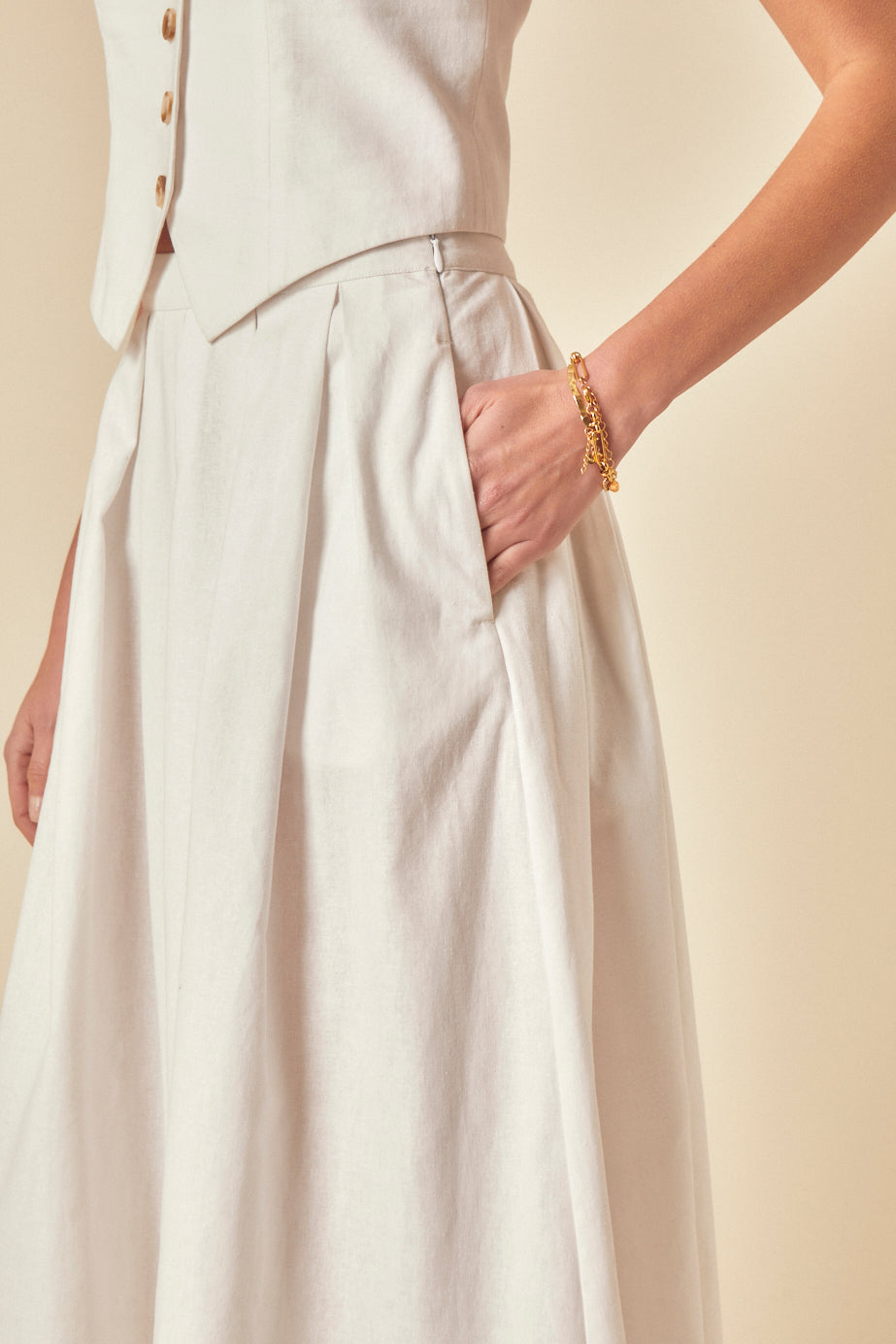 White Linen-Blend Pleated Tailored Midi Skirt