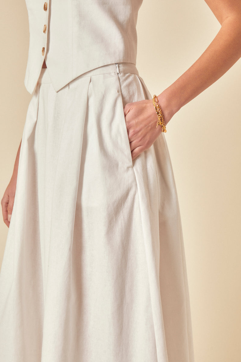 White Linen-Blend Pleated Tailored Midi Skirt
