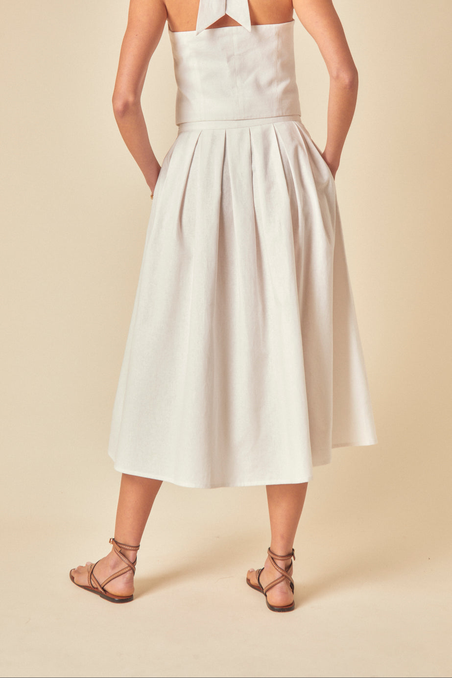 White Linen-Blend Pleated Tailored Midi Skirt
