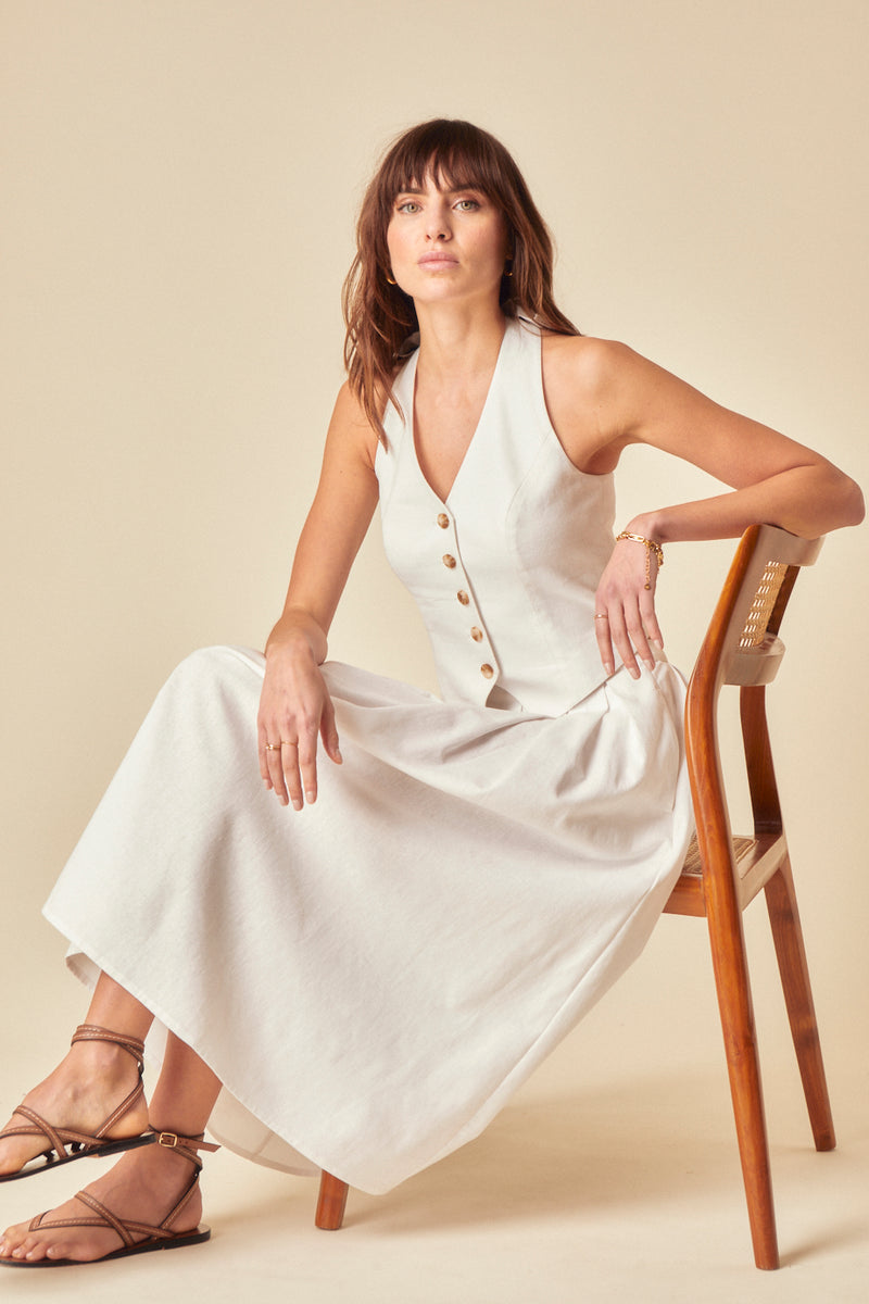 White Linen-Blend Pleated Tailored Midi Skirt