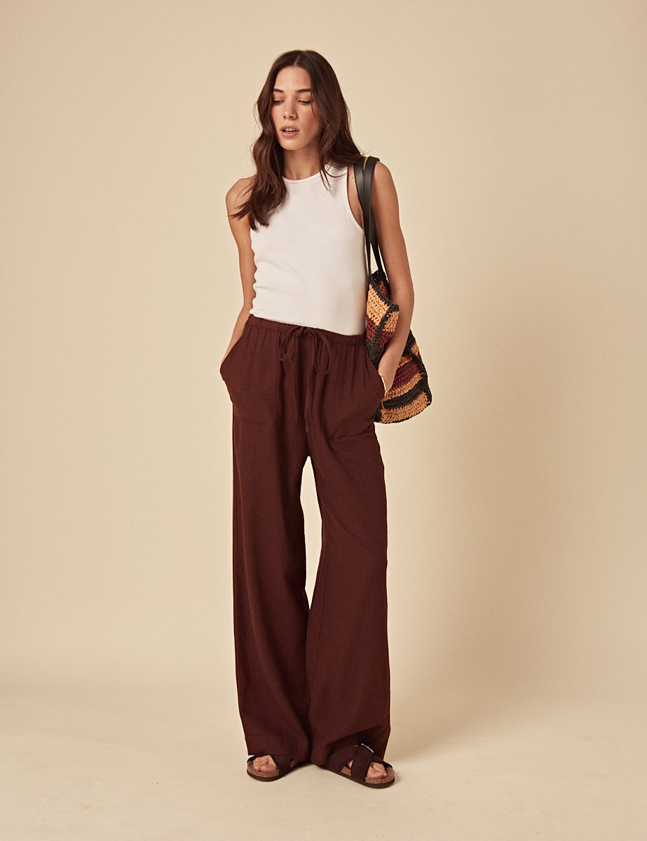 Brown Linen-Blend Wide Leg Trousers