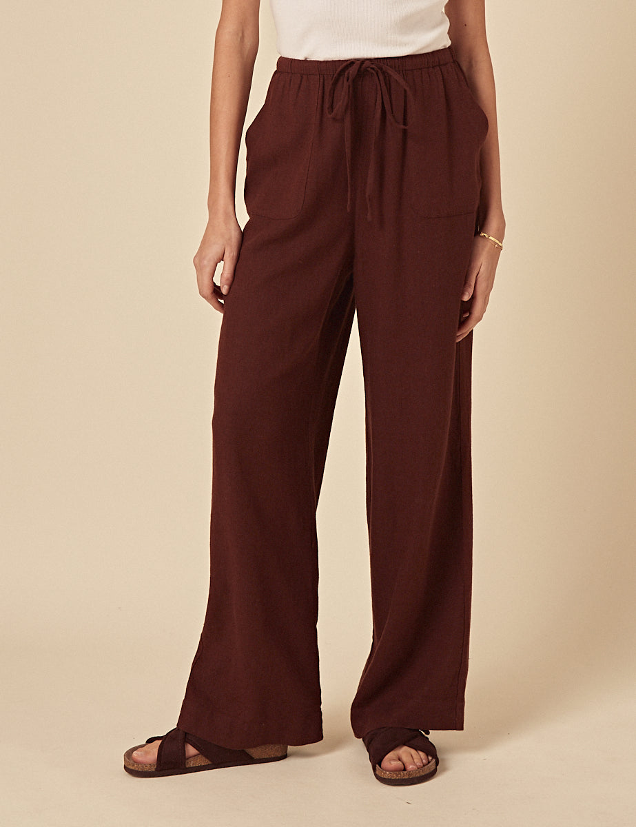 Brown Linen-Blend Wide Leg Trousers