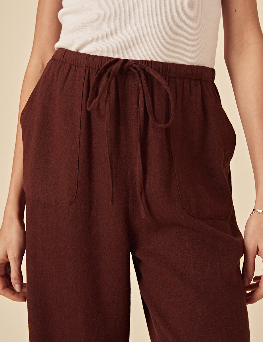 Brown Linen-Blend Wide Leg Trousers