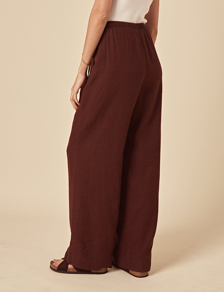 Brown Linen-Blend Wide Leg Trousers