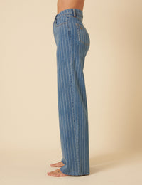 Blue Pinstripe High Rise Wide Leg Jeans