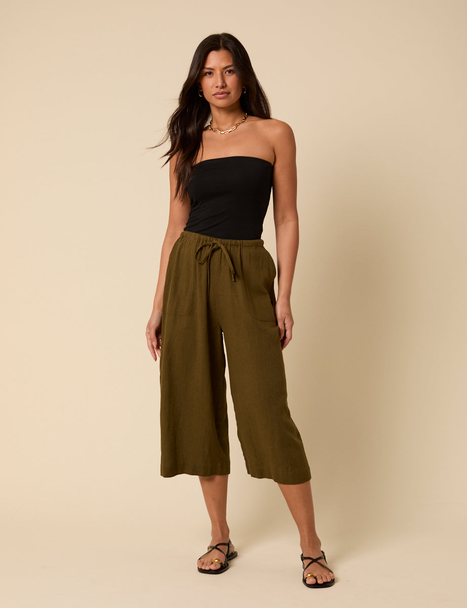 Khaki Linen-Blend Cropped Shona Trousers