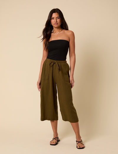 Khaki Linen-Blend Cropped Shona Trousers