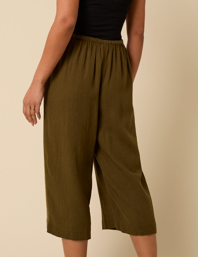 Khaki Linen-Blend Cropped Shona Trousers