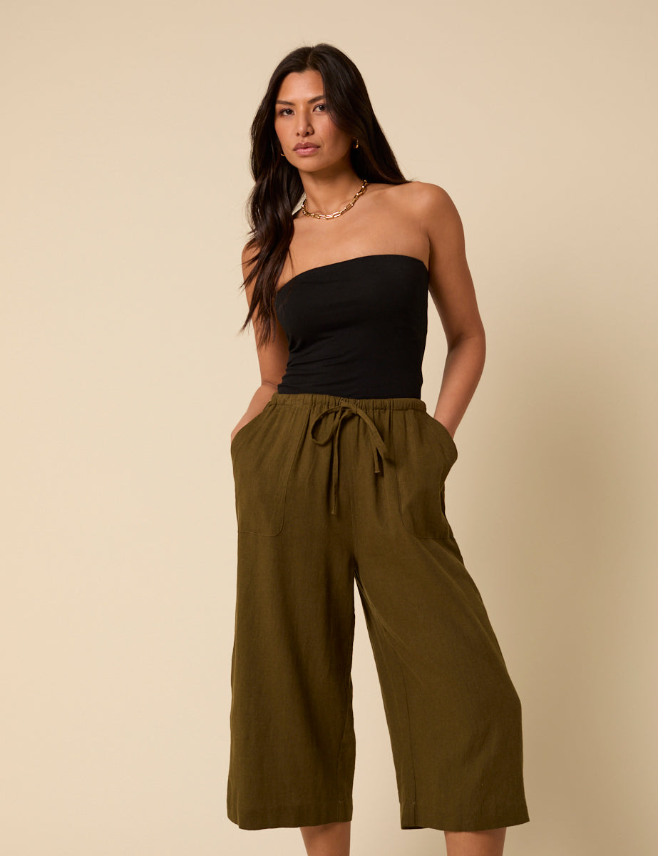 Khaki Linen-Blend Cropped Shona Trousers