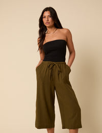 Khaki Linen-blend Cropped Shona Trousers