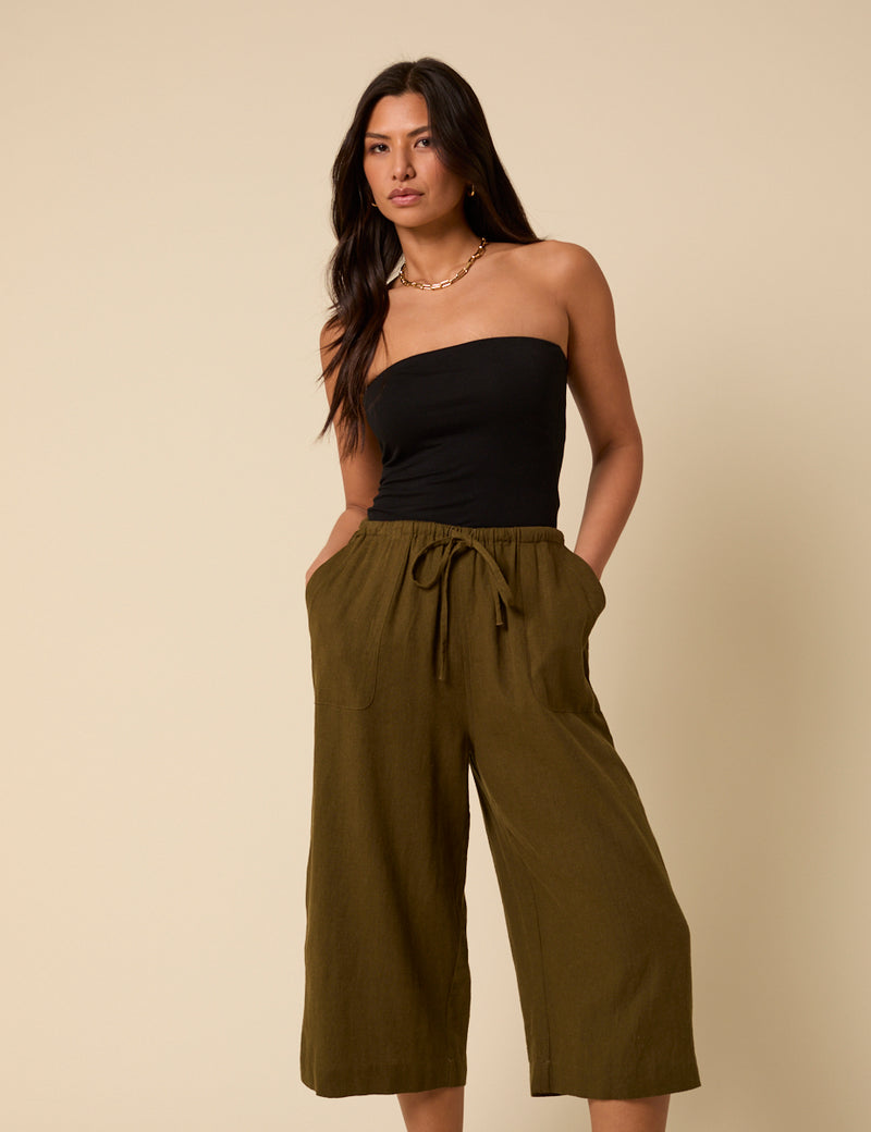 Khaki Linen-Blend Cropped Shona Trousers