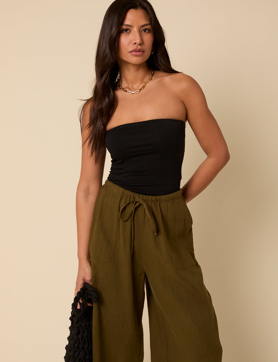 Khaki Linen-Blend Cropped Shona Trousers