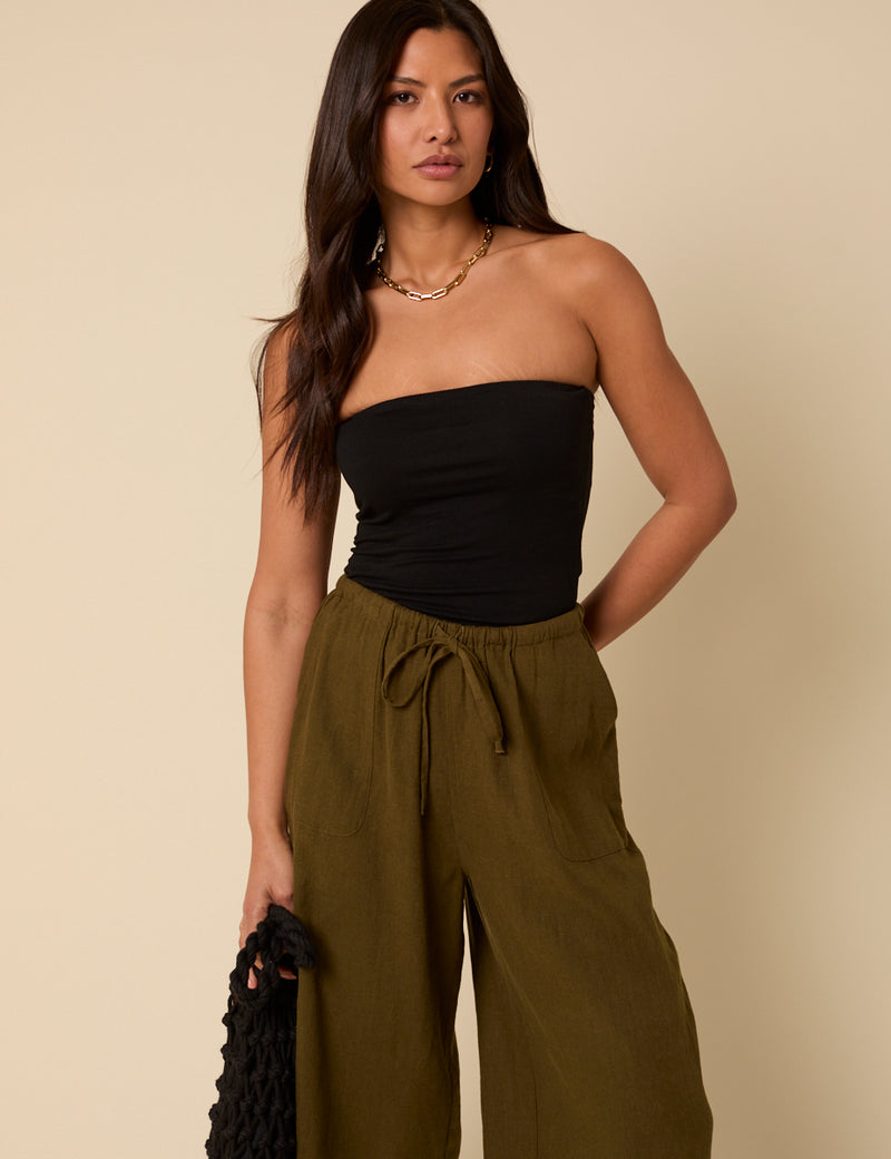 Khaki Linen-Blend Cropped Shona Trousers