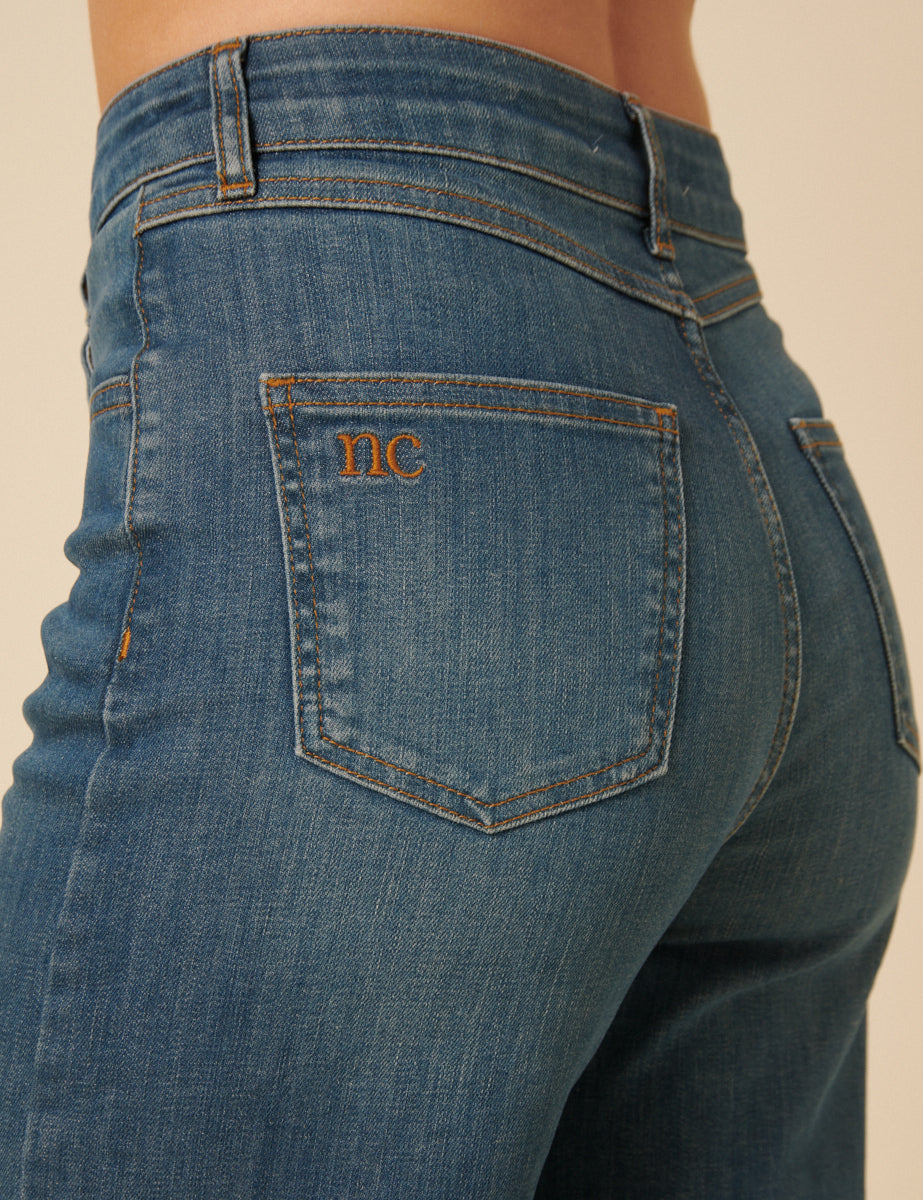 Mid Wash Stretch Wide Leg Jeans