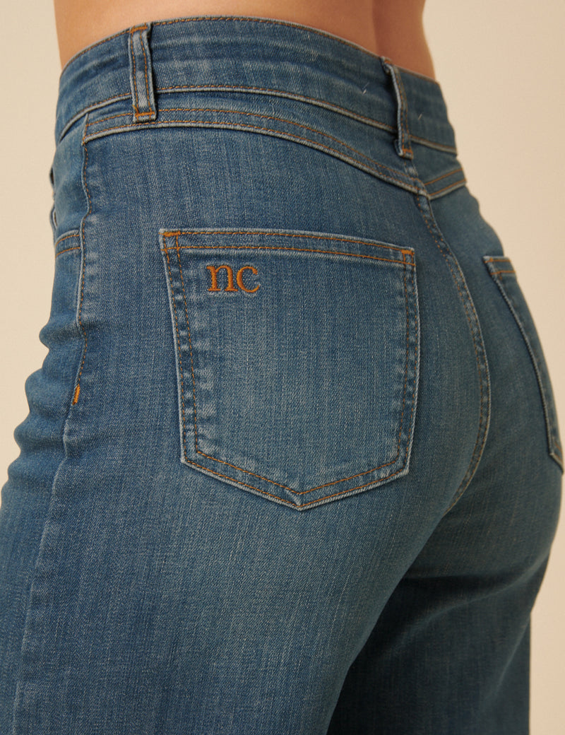 Mid Wash Stretch Wide Leg Jeans