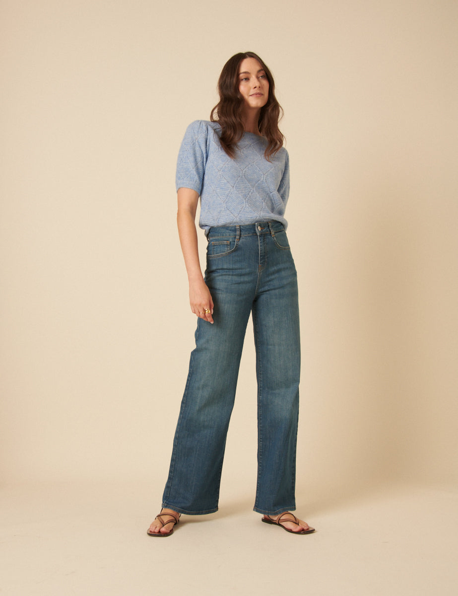 Mid Wash Stretch Wide Leg Jeans