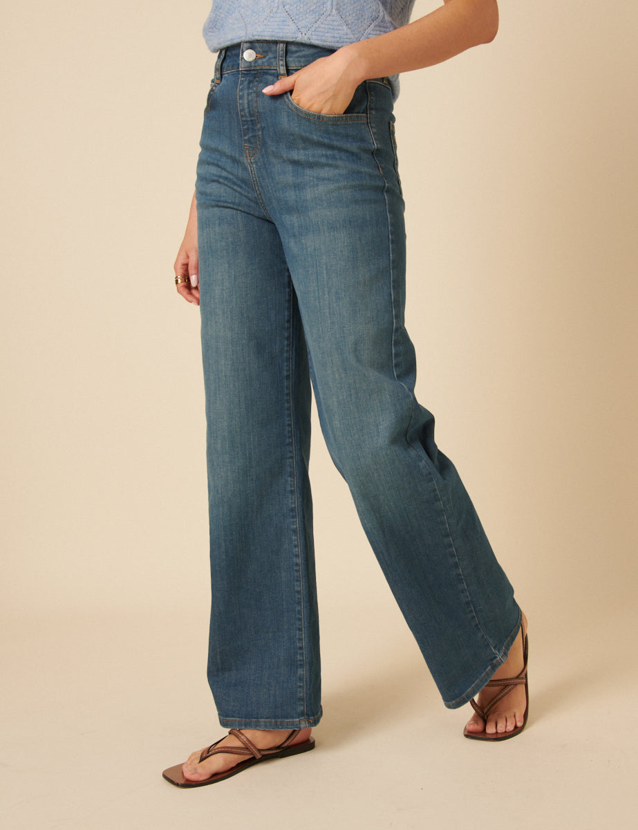 Mid Wash Stretch Wide Leg Jeans