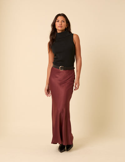 Burgundy Satin Maxi Skirt