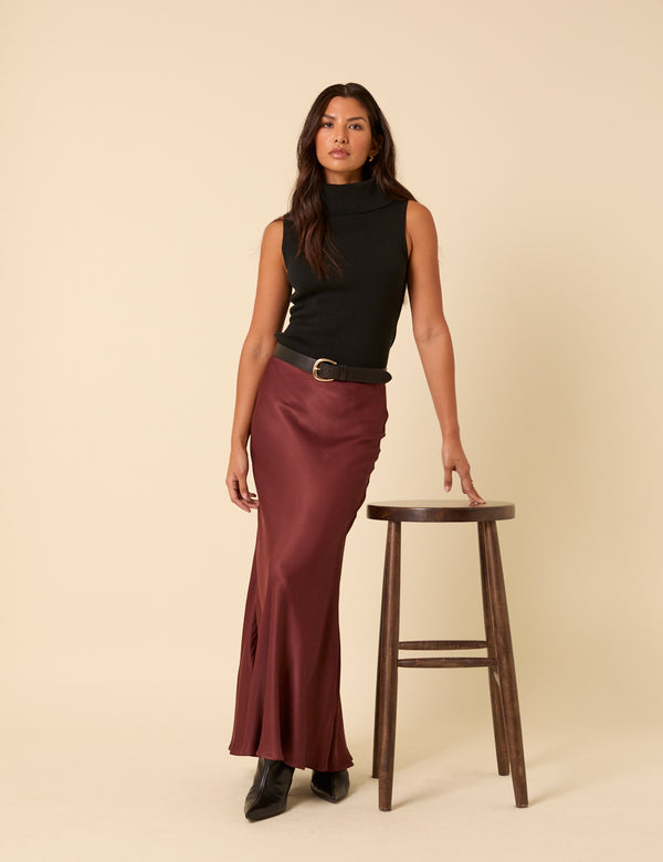 Burgundy Satin Maxi Skirt