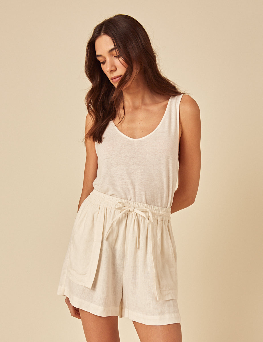 Cream Linen-Blend Shorts