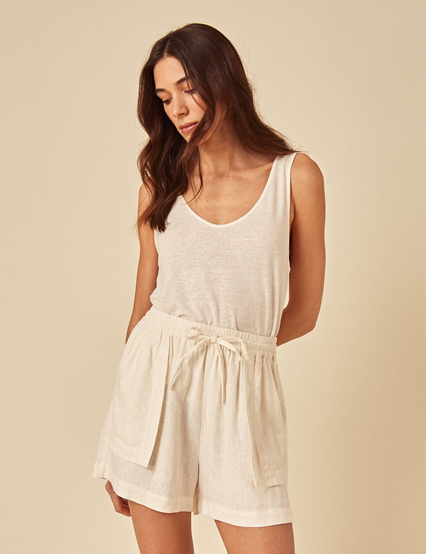 Cream Linen-blend Shorts