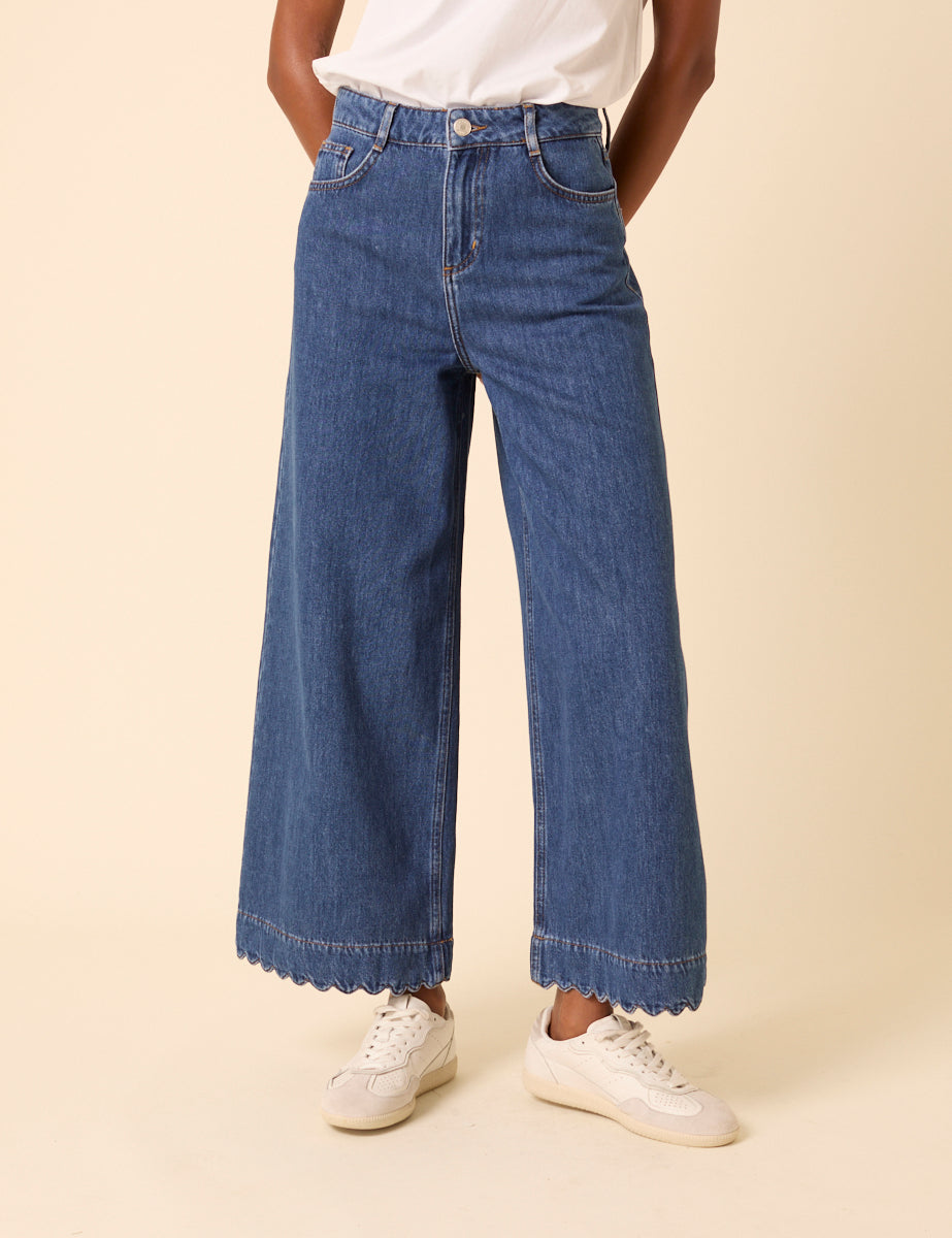 Blue High Rise Scallop Trim Cropped Palazzo Jeans