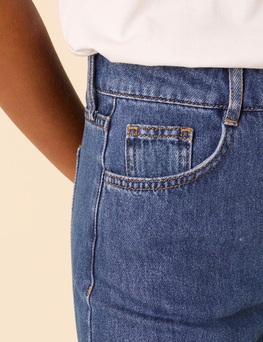 Blue High Rise Scallop Trim Cropped Palazzo Jeans