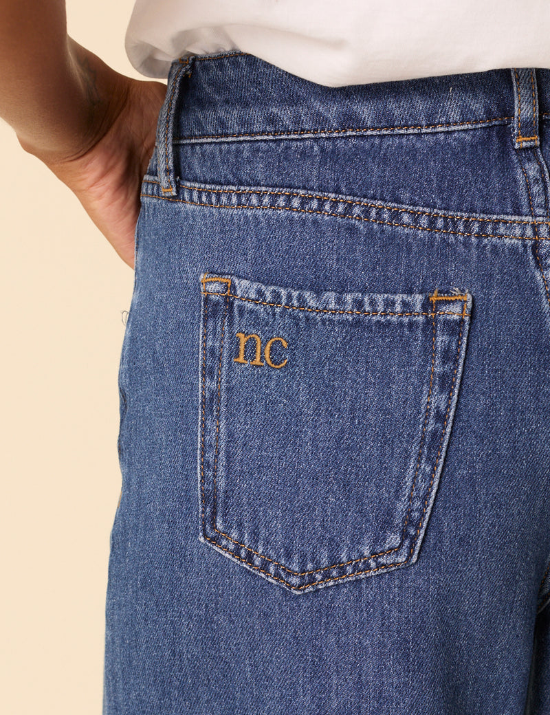 Blue High Rise Scallop Trim Cropped Palazzo Jeans