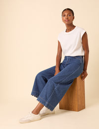 Blue High Rise Scallop Trim Cropped Palazzo Jeans