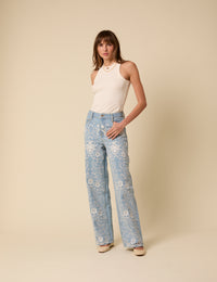 Light Blue Embroidered High Rise Jeans