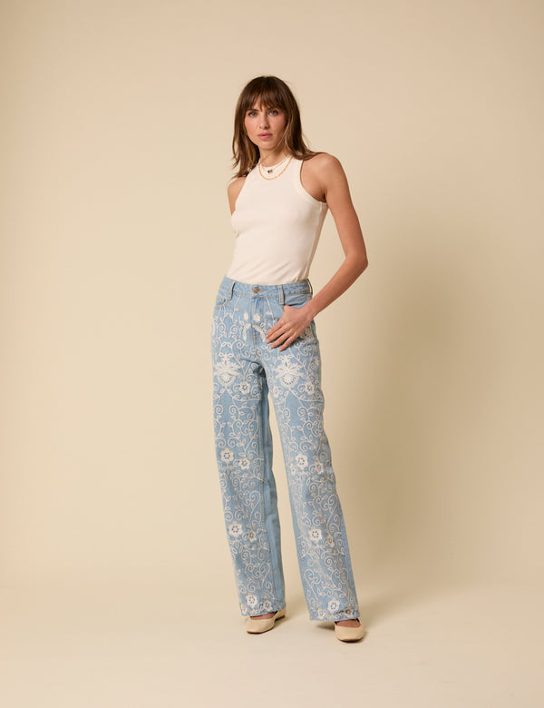 Light Blue Embroidered High Rise Jeans
