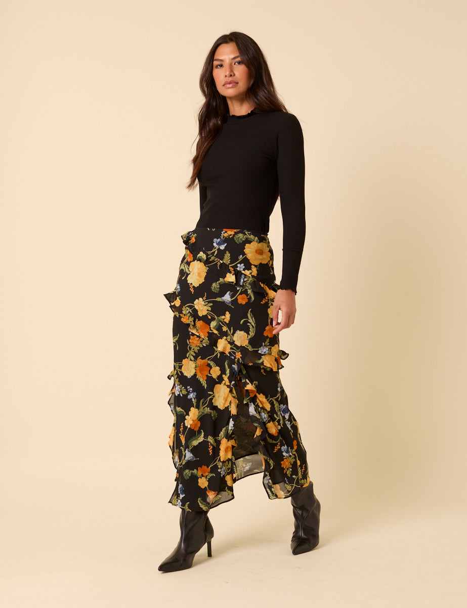 Black Floral Ruffle Midi Skirt