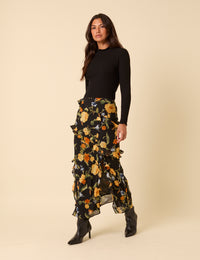 Black Floral Ruffle Midi Skirt